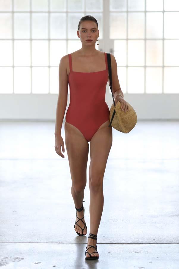 **Shades of rust:** Structured one-pieces in hues of orange and rust were the swimwear of choice this season. The best part? They work as apparel off the beach, worn with denim shorts or tailored pants.<br><br>Matteau Resort '20
