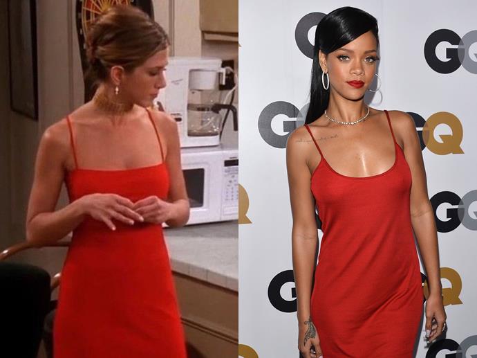 **Rachel Green and Rihanna**<br><br>

Red-hot with sleek straps, this fiery little number was one of Rachel's finest.