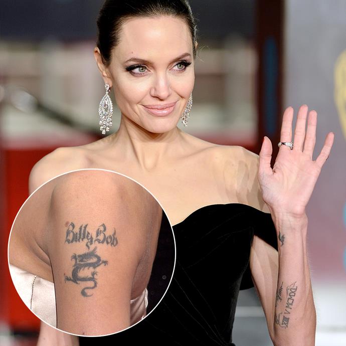 ***Angelina Jolie***<br><br>
After getting her iconic 'Billy Bob' tattoo removed, she replaced it with the dates and birth locations of her six children. 
