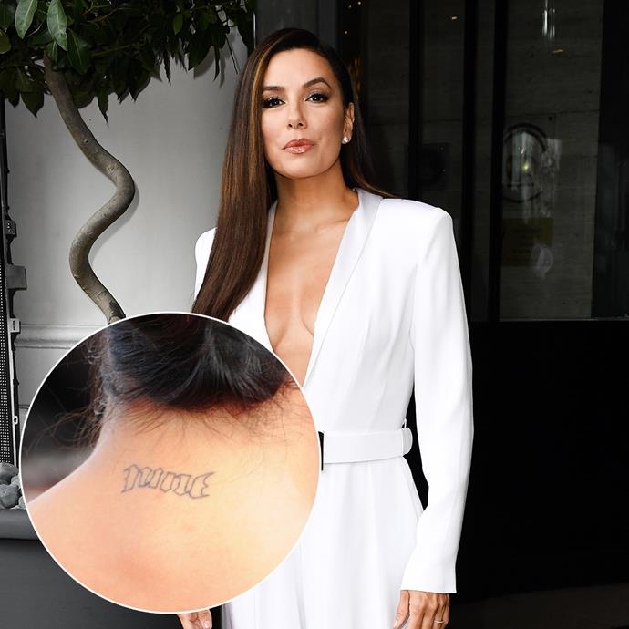 ***Eva Longoria***<br><br>
After splitting from husband Tony Parker, Eva Longoria had his jersey number (nine) removed from the back of her neck, their wedding date removed from her wrist and his initials removed from an undisclosed location. 
