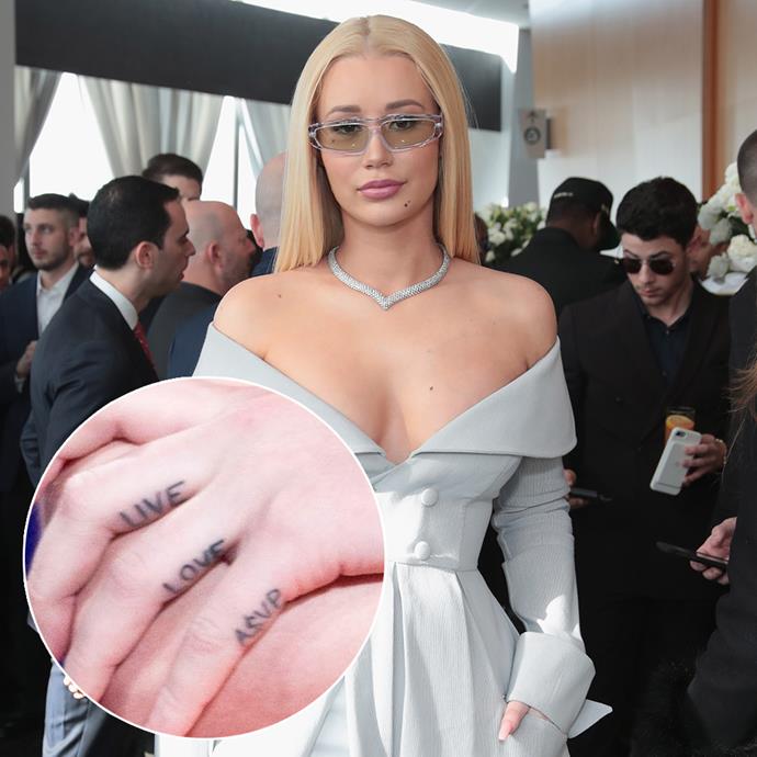 ***Iggy Azalea***<br><br>
While with ex-boyfriend A$AP Rocky, Iggy Azalea had "Live, Love, A$AP" (the name of his album) tattooed onto her fingers. Since then, she's had it lasered off and replaced with the name of her own album. You know what that is? Growth.
