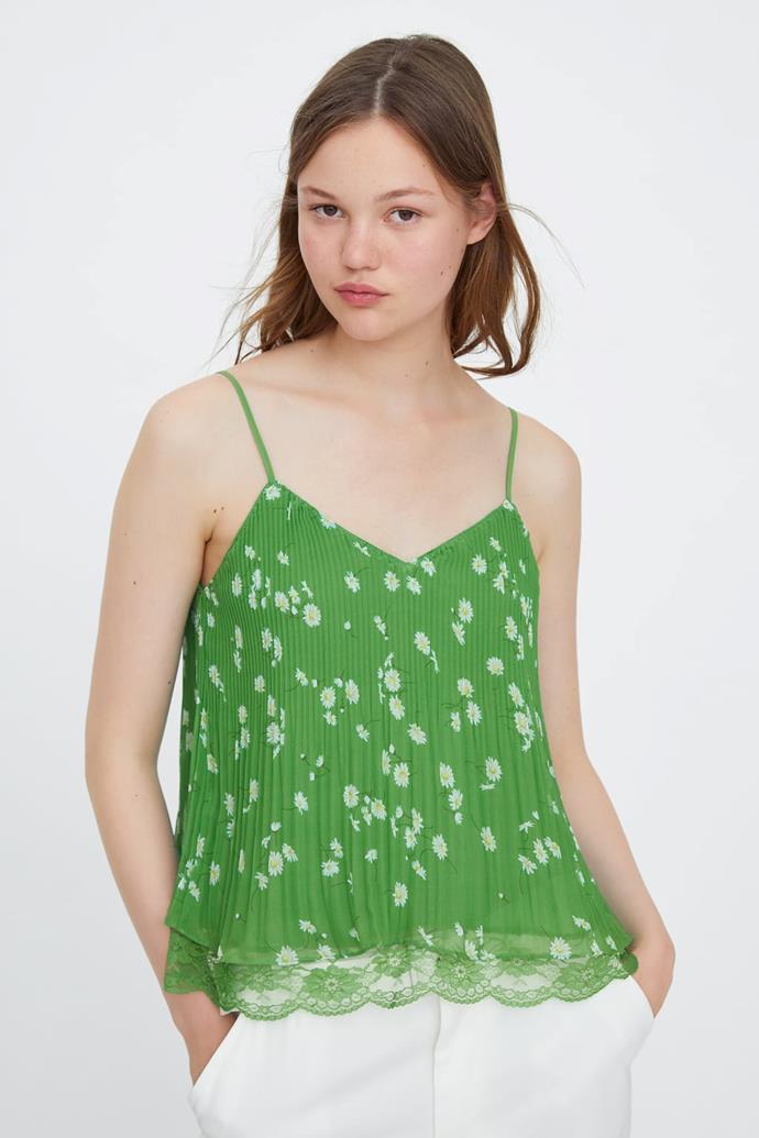***Lingerie dressing***<br><br>

The grass green colour and subtle daisy print on this pleated cami by ZARA gives it a fun edge.<br><br>

*Camisole, $49.95 at [ZARA](https://www.zara.com/au/en/pleated-camisole-top-p08342974.html?v1=19926382&v2=1277471|target="_blank"|rel="nofollow").*