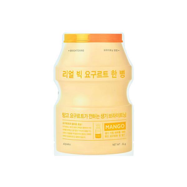 **A'Pieu Real Big Yoghurt One Bottle Sheet Mask in Mango, $3.50 from [Nudie Glow](https://nudieglow.com/products/apieu-real-big-yogurt-one-bottle-mango|target="_blank"|rel="nofollow")**<br><br>

If brightening and tightening is your goal, this playfully packaged mask by A'Pieu is sure to be your new go-to. Formulated with yoghurt extract and Lactobacillus, it works to strengthen the skin barrier, even out your skin tone and firm up the face. The L-cell sheet also sticks perfectly to the skin, allowing the product to sink deeply into every little part of the face.