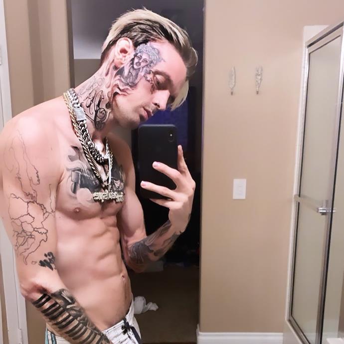 Singer Aaron Carter debuted this very visible tattoo of Rihanna on his face. If you can't tell, it's of her [2013 *GQ* cover](https://www.gq.com/story/see-rihanna-as-a-topless-medusa-on-the-cover-of-british-gq|target="_blank"|rel="nofollow").