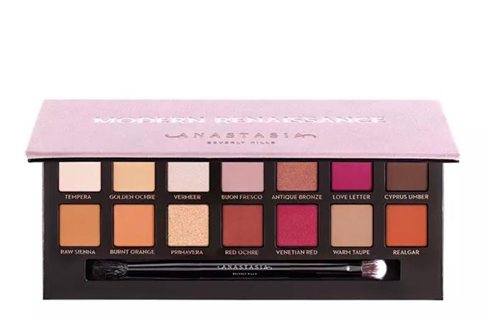 **Modern Renaissance Palette by Anastasia Beverly Hills**
<br><br>
Filled with lush pinks, deep terracottas and sparkling golds, the 'Modern Renaissance' palette is still a cult favourite, despite being released in 2016. <br><br>
*$76, available at [Sephora](https://www.sephora.com.au/products/anastasia-beverly-hills-modern-renaissance-eye-shadow-palette/v/default|target="_blank").*