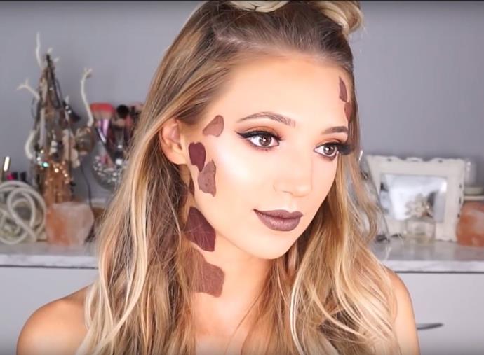 **Giraffe**<br><br>

If scary or 'out there' isn't your thing, this cute giraffe look has got you covered (literally). For an easy tutorial to follow, head over [here](https://www.youtube.com/watch?v=I9m7URnAH5M&t=18s|target="_blank"|rel="nofollow").<br><br>

*Image via Toria Serviss on YouTube*
