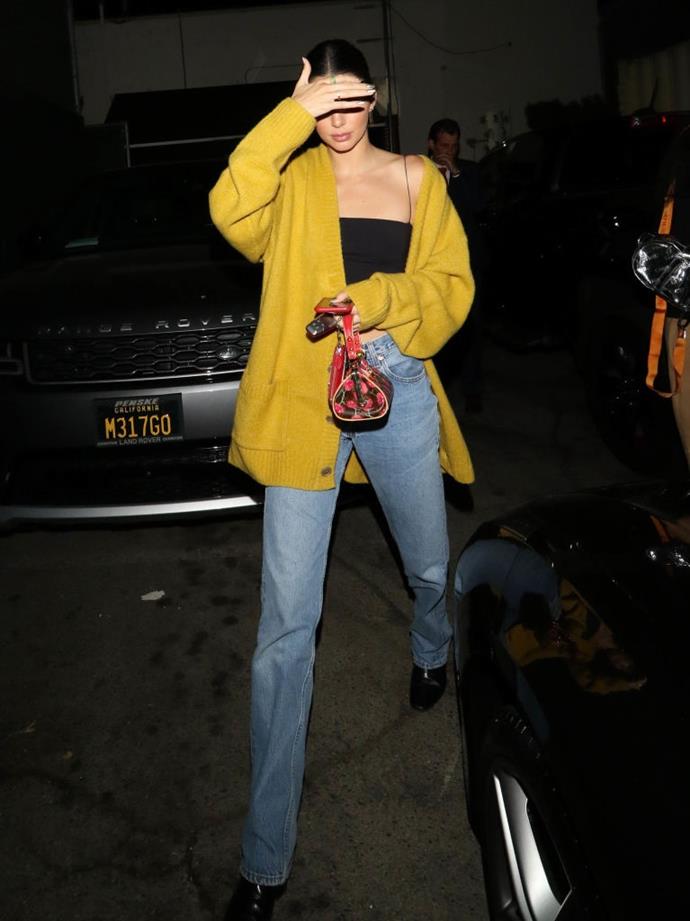 If you couldn't tell that Jenner is a sucker for vintage Vuitton, she stepped out on October 2018 wearing a rare cherry print-adorned 'Speedy' bag from the '90s (they're almost impossible to find in 2019). <br><br>
*Image: Getty*