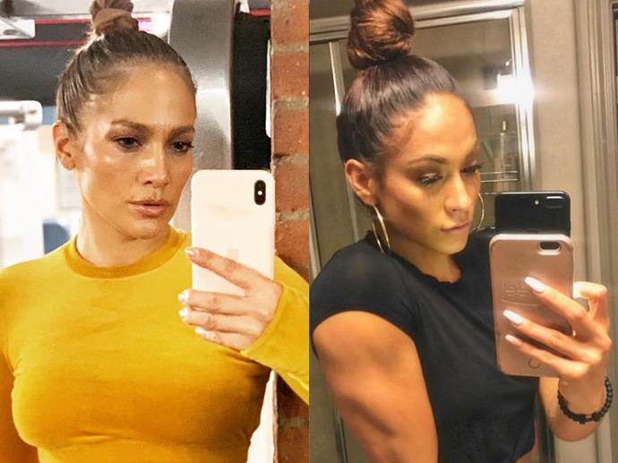 **Jennifer Lopez and Janice 'Jay from Houston' Garay**<br><br>

There's Jenny from the block (left), and then there's Jay from Houston, her very, very fit body-building body double! Admittedly, Jay (real name Janice Garay) doesn't look like the [*Hustlers*](https://ellaau.com/culture/hustlers-real-life-people-21326|target="_blank"|rel="nofollow") star in every shot on her [Instagram](https://www.instagram.com/jayfromhouston/|target="_blank"|rel="nofollow"), but there are some definite angles where'd you have trouble differentiating between them..<br><br>

*Images via [@jlo](https://www.instagram.com/p/B32qx6-pN15/|target="_blank"|rel="nofollow") and [@jayfromhouston](https://www.instagram.com/jayfromhouston/|target="_blank"|rel="nofollow")*