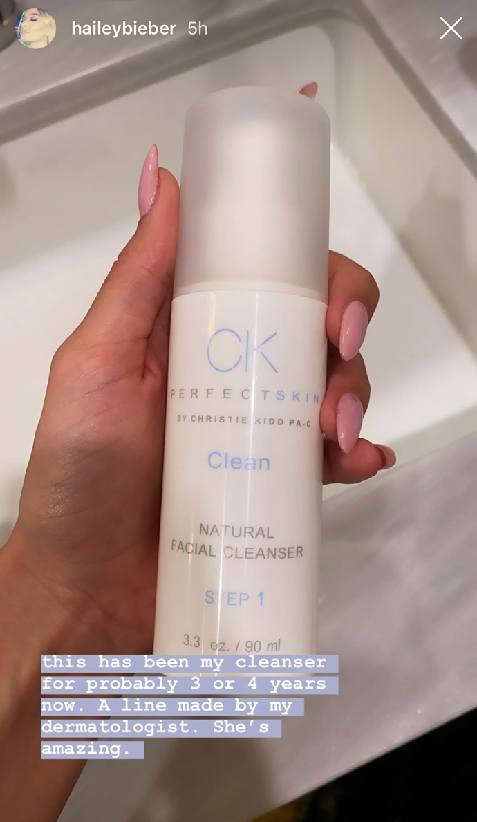 **Clean Natural Facial Cleanser by CK Perfect Skin by Christie Kidd PA-C**<br>
Unfortunately for us, the CK Perfect Skin by Christie Kidd range (including Bieber's long-time cleanser) is only available to Kidd's clients for purchase.