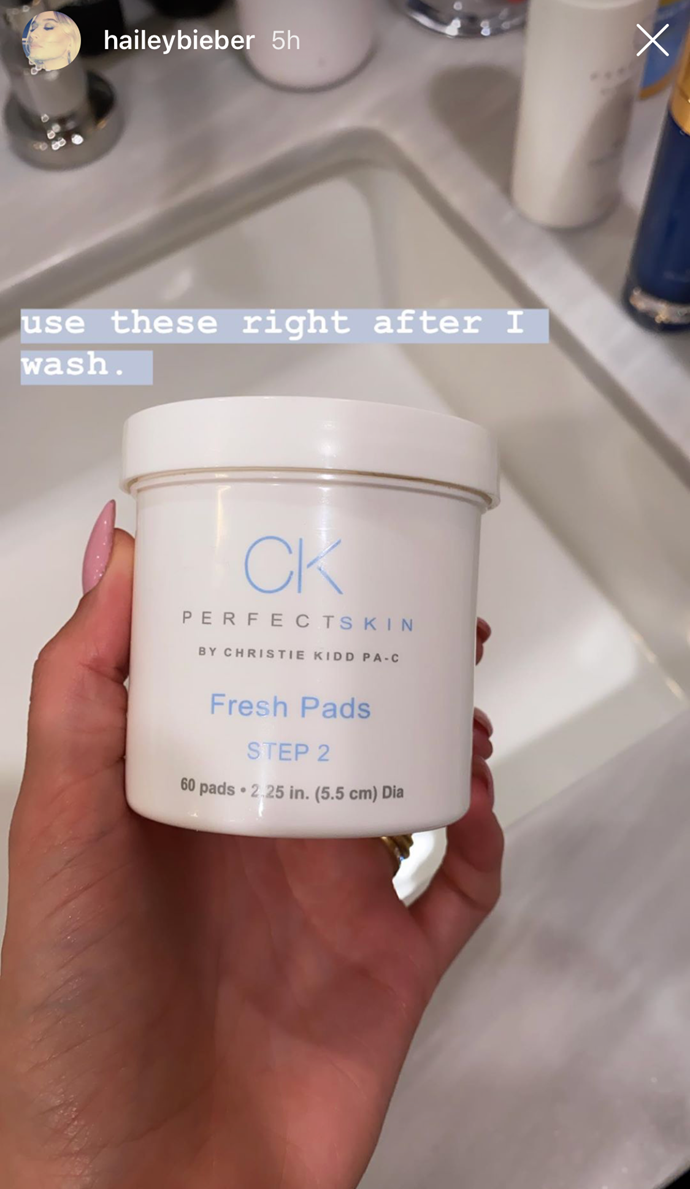 **Fresh Pads by CK Perfect Skin by Christie Kidd PA-C**<br>
Another product stuck on our wishlists until Kidd's range is made available to us mere mortals, these exfoliating pads are next on Bieber's skin schedule, swiping away dead skin and breakout-inducing bacteria.
