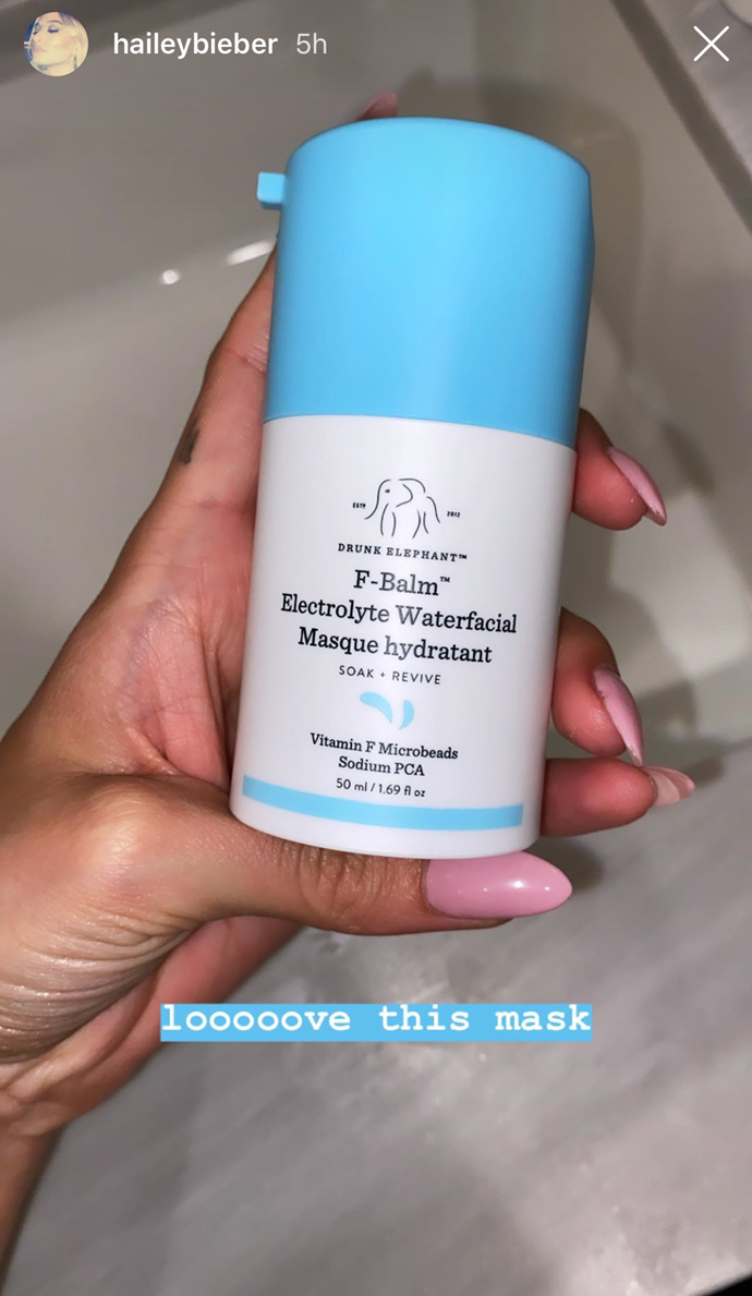 **F-Balm Electrolyte Waterfacial™ by Drunk Elephant, $80 at [MECCA](https://www.mecca.com.au/drunk-elephant/f-balm-electrolyte-waterfacial/I-041927.html|target="_blank")**<br>
It may have launched mere weeks ago, but this [insanely hydrating complexion cocktail](https://www.elle.com.au/beauty/2020-beauty-launches-22852|target="_blank") has already established itself among Bieber's most-loved masks. The formula teams skin-energising electrolytes with Vitamin F (the ultimate in skin-soothing fatty acids), working to cool, hydrate and plump skin overnight.