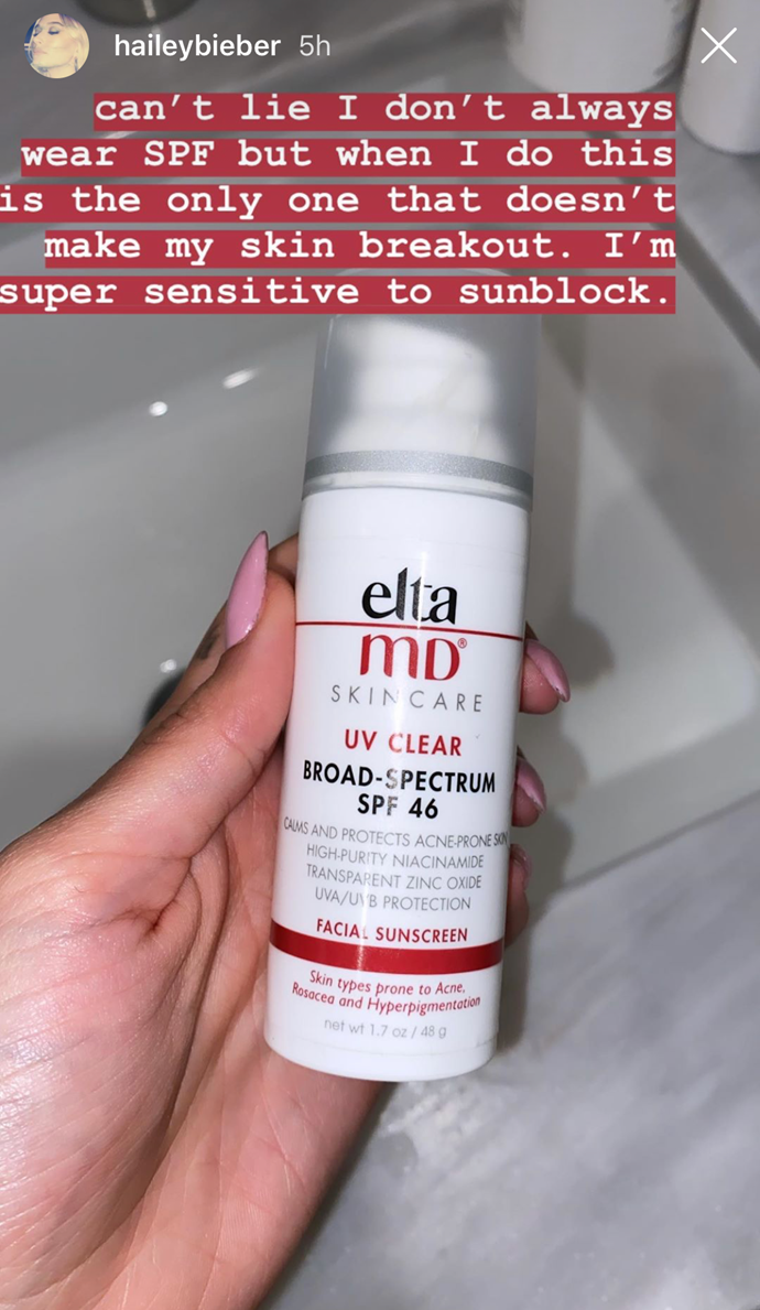 **UV Clear Facial Sunscreen SPF 46 by Elta MD Skincare, $62 at [The Beauty Club](https://www.thebeautyclub.com.au/skincare/eltamd/sun-care/for-face/uv-clear-facial-sunscreen-spf-46-for-skin-types-prone-to-acne-rosacea-hyperpigmentation/20079465901/1|target="_blank")**<br>
We can't say much for her diligence (we sure hope 'wear sunscreen daily' was one of her 2020 resolutions), but as for her brand of choice, impeccable. Silky, lightweight and calming, it's sun protection that (as Bieber affirms) will leave even the most sensitive of skin types free of flare-ups.