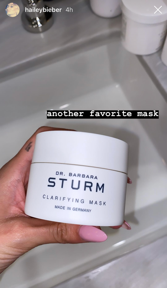 **Clarifying Mask by Dr. Barbara Sturm, $183 at [Selfridges](https://www.selfridges.com/AU/en/cat/dr-barbara-sturm-the-clarifying-mask-50ml_R00049931/|target="_blank")**<br>
Far from Dr. Barbara Sturm's first celebrity beauty routine shoutout ([Rosie Huntington-Whiteley](https://www.elle.com.au/celebrity/rosie-huntington-whiteley-jason-statham-relationship-19824|target="_blank"), [Kourtney Kardashian](https://www.elle.com.au/beauty/kourtney-kardashian-stretch-marks-21043|target="_blank") and [Bella Hadid](https://www.elle.com.au/fashion/bella-hadid-style-file-10715|target="_blank") all consider the brand a skincare staple), Bieber's in very glowy company with this pick. It calms, soothes, hydrates, clarifies *and* absorbs excess sebum with every application—showoff.