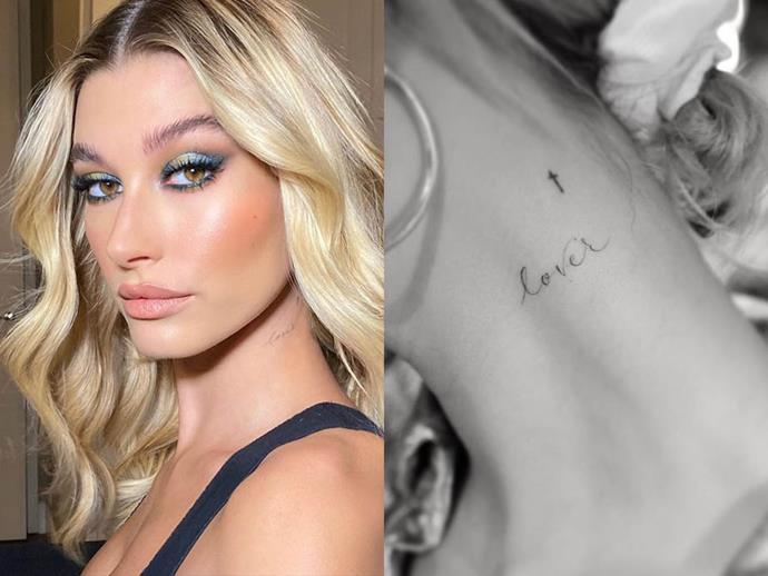 **HAILEY BIEBER**<br><br>

Also created by Dr. Woo, Bieber debuted her ["Lover" neck tattoo](https://www.elle.com.au/beauty/hailey-baldwin-neck-tattoo-21101|target="_blank") in August 2019, at the same time as her delicate finger ink.
