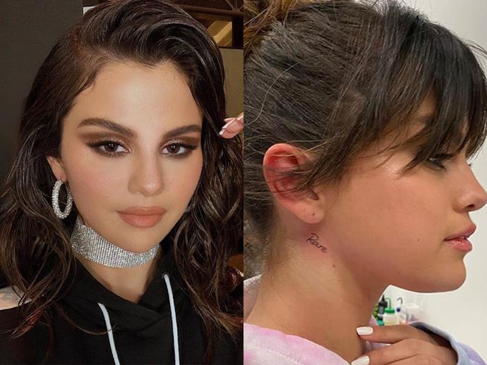 **SELENA GOMEZ**<br><br>

Inspired by her deeply personal 2020 album *Rare*, [Gomez has a neck tattoo](https://www.elle.com.au/beauty/selena-gomez-neck-tattoo-22906|target="_blank") of the record's title in fine lettering just under her right ear.