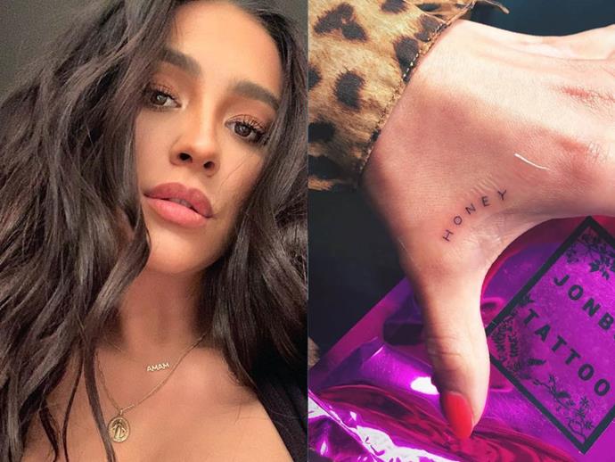 **SHAY MITCHELL**<br><br>

Just one of the *YOU* star's many tiny tattoos, Shay Mitchell went to [Jon Bo](https://www.instagram.com/jonboytattoo/|target="_blank"|rel="nofollow")y for this very cute ink.