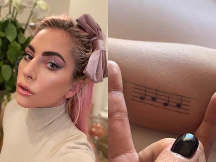 **LADY GAGA**<br><br>

In February 2019, Lady Gaga went down the tiny tatt route and inked her arm with the music notes "G-A-G-A".
