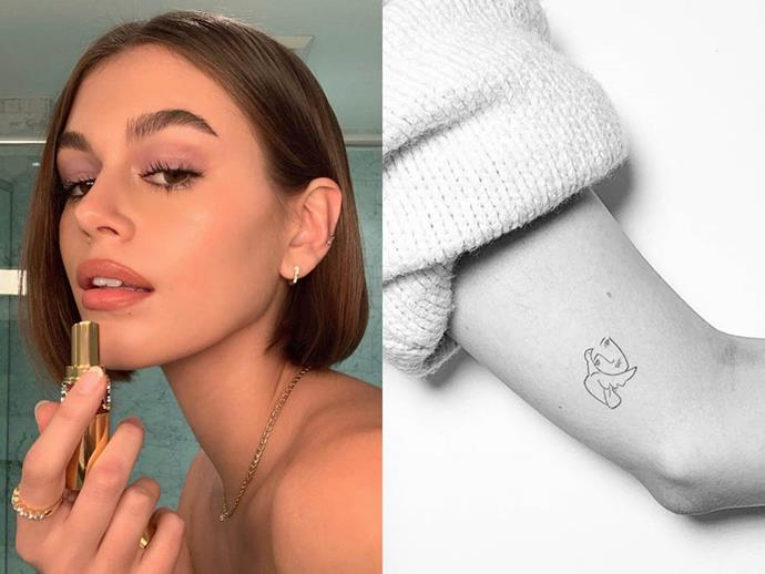 **KAIA GERBER**<br><br>

Like your ink on the artsy side? Cue: Kaia Gerber's Picasso-inspired number by celebrity tattooist [Jon Boy](https://www.instagram.com/jonboytattoo/|target="_blank"|rel="nofollow").