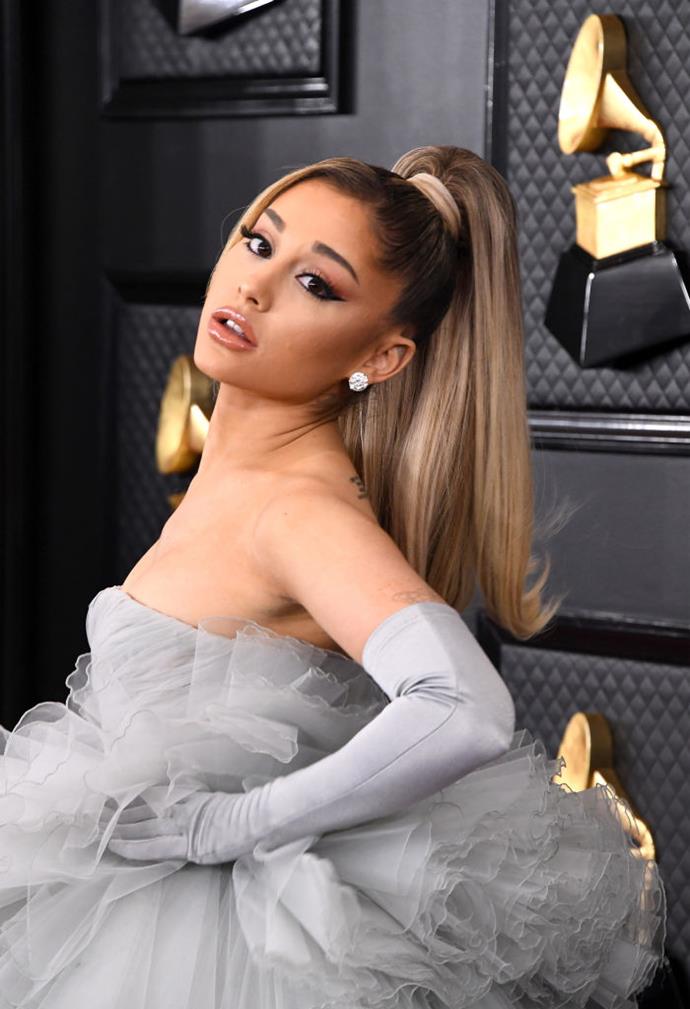 **January 2020**<br><br>

Grande made a grand comeback (pardon the pun) to the [2020 Grammys red carpet](https://www.elle.com.au/fashion/ariana-grande-grammys-2020-22944|target="_blank"), stepping out in Cinderella-esque tulle and a towering 'bronde' ponytail.