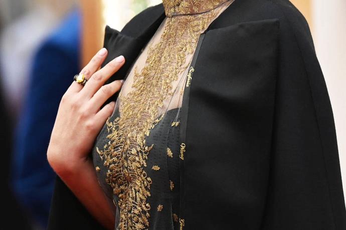 The names of female directors embroidered written in gold along the edge of Natalie Portman's 2020 Oscars' look.