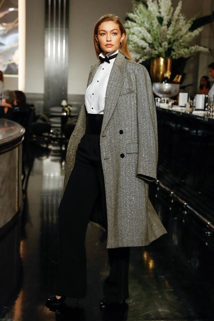 Hadid walking for Ralph Lauren in 2019.
