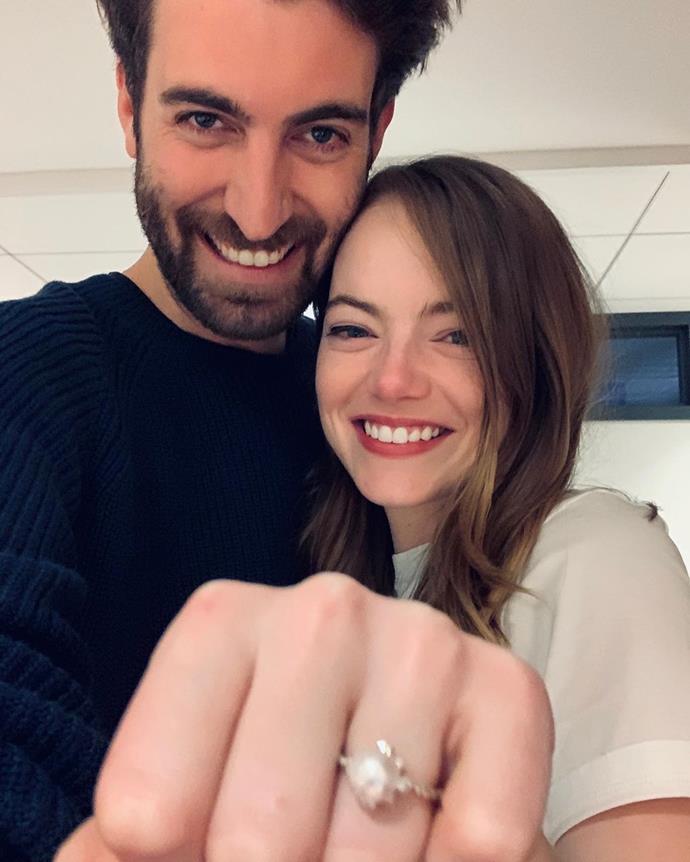 **Emma Stone**<br><Br>

Emma Stone announced her [engagement](https://www.elle.com.au/celebrity/emma-stone-engaged-22740|target="_blank") to fiancé Dave McCary with a [unique pearl engagement ring](https://www.harpersbazaar.com.au/bazaar-bride/emma-stone-engagement-ring-details-19695|target="_blank"|rel="nofollow") in December 2019.<br><br>

*Image via [@davemccary](https://www.instagram.com/p/B5q8jCvBv7O/|target="_blank"|rel="nofollow")*