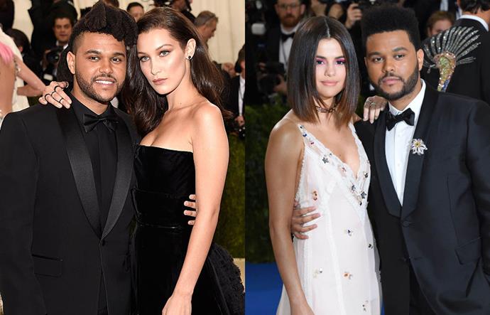 **Bella Hadid, The Weeknd and Selena Gomez**<br><br>

Arguably one of the biggest love triangles of the 2010s, Bella Hadid, The Weeknd and Selena Gomez's saga isn't one we're likely to forget any time soon.<br><br>

After dating for 18 months, Hadid and The Weeknd split up in November 2016. Just two months later, the singer was photographed [making out with Selena Gomez](https://www.elle.com/culture/celebrities/a12115489/selena-gomez-and-the-weeknd-relationship-timeline/|target="_blank"|rel="nofollow"), and both Hadid and Gomez unfollowed each other, with the act sparking something of an [on-and-off Instagram 'feud'](https://www.elle.com.au/culture/selena-gomez-the-weeknd-bella-hadid-instagram-feud-timeline-15183|target="_blank") between them.<br><br> 

About a year later, their relationship came to an end, and Gomez was seen kissing her former flame, Justin Bieber shortly afterwards. Meanwhile, Hadid and The Weeknd recommenced their relationship and are reportedly still together.