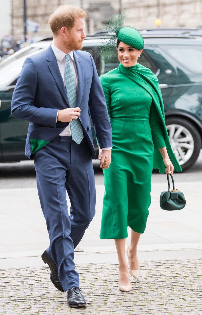 ***Only wearing neutral colours in the presence of the Queen***
<br><br>
Queen Elizabeth is [widely known for](https://www.marieclaire.com.au/meghan-markle-s-neutral-colour-palette-reason|target="_blank"|rel="nofollow") her signature pop of colour to ensure fans can spot her in a crowd, which is why both Kate Meghan' typically wear more neutrals as to not draw away from the Queen. And while many consider that gesture to be a sign of respect to Her Majesty, Meghan's emerald moment at 2020s Commonwealth Day Service is one of her best yet.