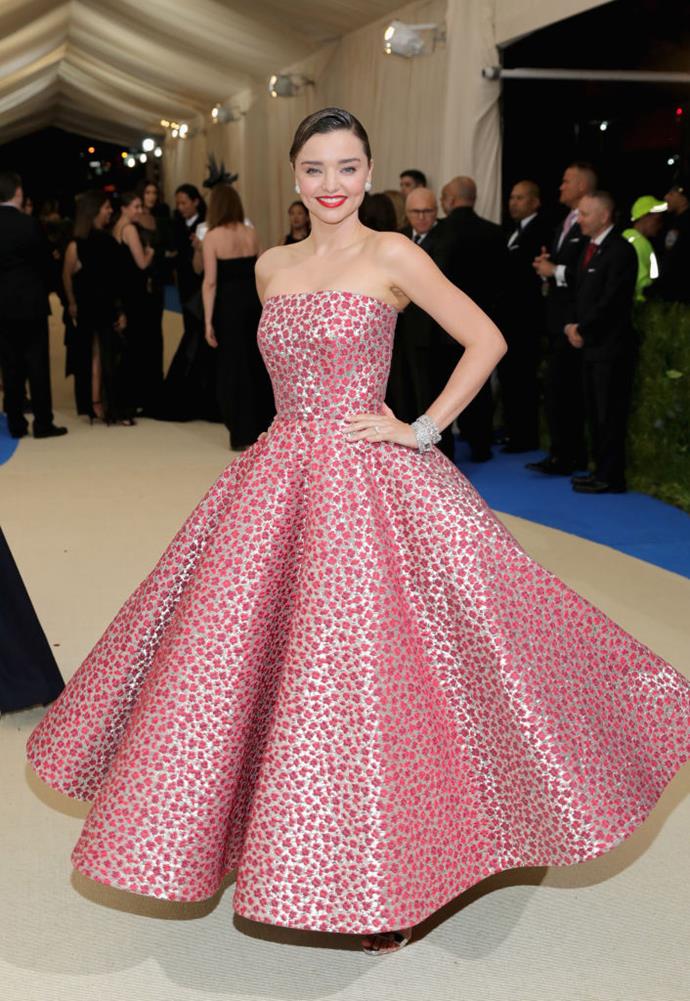 **Miranda Kerr in Oscar de la Renta at the 2017 Met Gala** <br><br>
Kerr's 2017 Dior wedding dress was inspired by Grace Kelly, but the supermodel took her [Old Hollywood](https://www.harpersbazaar.com.au/bazaar-bride/old-hollywood-wedding-dresses-19789|target="_blank") affinity to the next level at the 2017 Met Gala, in this whimsical Oscar de la Renta dress (paired with an equally classic beauty look).