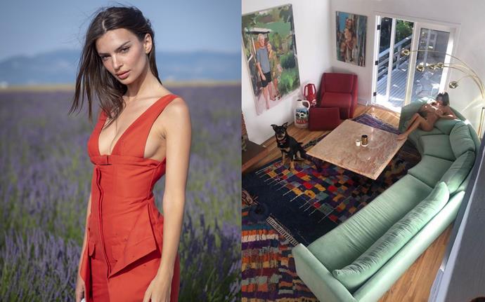 **Emily Ratajkowski** <br><br>
Ratajkowski has a fantastic eye for interior design, as can be seen in Instagram photos of the [L.A. home](https://www.elle.com.au/culture/emily-ratajkowski-house-22742|target="_blank") she shares with her husband, Sebastian Bear-McClard. The bungalow pad features a loft-style bedroom looking down onto a tonal, aesthetically-pleasing living room, and floor-to-ceiling glass windows with a green outlook. (Plus, *imagine* snoozing on that teal velvet sofa.) <br><br>
*Images: Getty/Instagram [@emrata](https://www.instagram.com/emrata/|target="_blank"|rel="nofollow")*