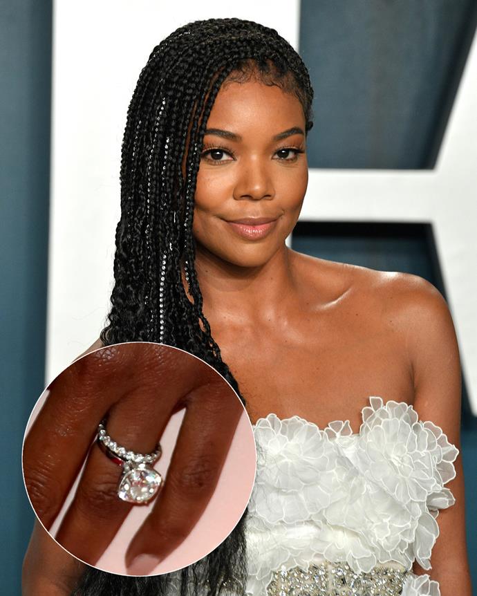 **The wearer:** Gabrielle Union<br><br>
**The ring:** An 8.5-carat cushion-cut diamond set in platinum.<br><br>
**The pricetag:** $1.38 million AUD.