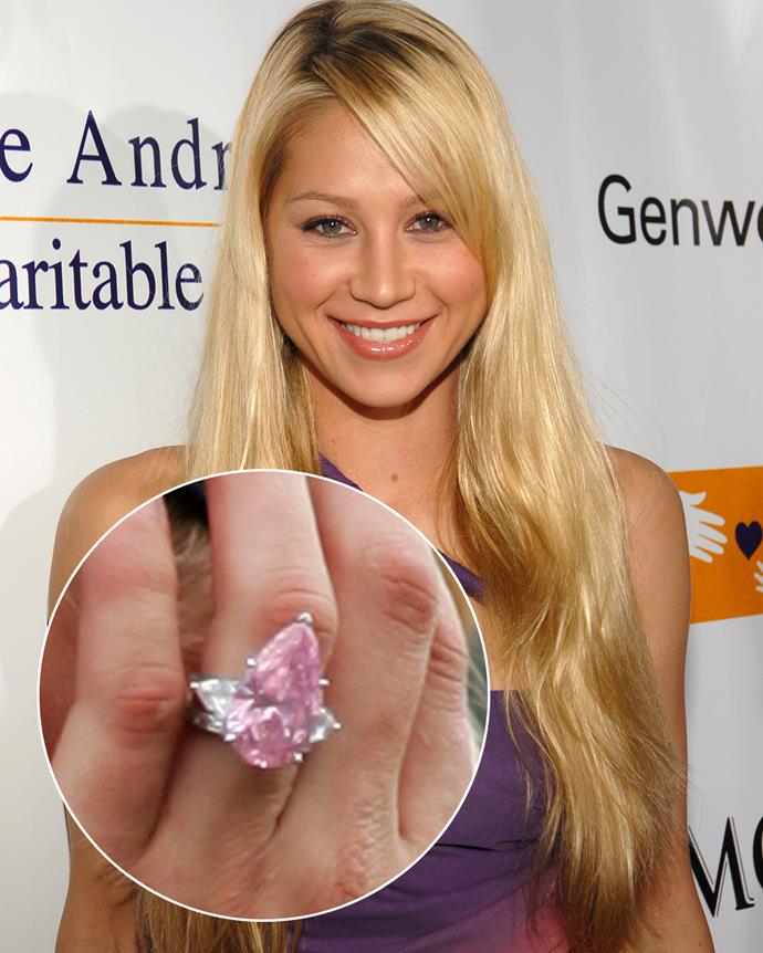 **The wearer:** Anna Kournikova<br><br>
**The ring:** A 11-carat pear-shaped pink diamond, flanked by trapezoid-shaped diamonds.<br><br>
**The pricetag:** $3.4 million AUD