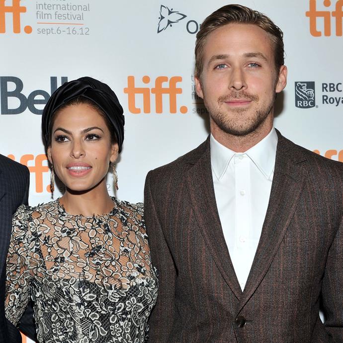 **Ryan Gosling and Eva Mendes**
<br><br>
The notoriously private pair have been together since they met on the set of *A Place Beyond The Pines* in 2011. They have since had two (genetically-blessed) daughters together, Esmeralda and Amada.