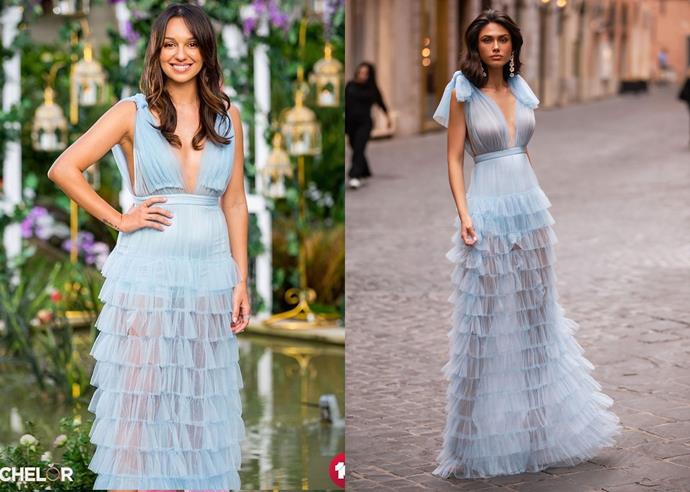 Bella wears the 'Caterina' gown, $499 by [Alamour the Label](https://www.alamourthelabel.com/collections/all-products/products/caterina-sky-blue|target="_blank"|rel="nofollow"), in episode four of *The Bachelor* Australia 2020.