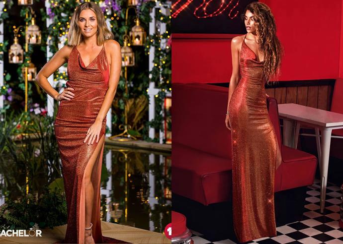 Nicole wears the 'Supernormal' dress in 'rose copper,' $599 by [Gemeli Power](https://www.gemelipower.com/collections/directors-picks/products/supernormal?variant=18438301646946|target="_blank"|rel="nofollow"), in episode four of *The Bachelor* Australia 2020.