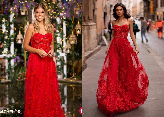 Clare wears the 'Clarina,' $550 by [Alamour the Label](https://www.alamourthelabel.com/collections/all-products/products/clarina-red|target="_blank"|rel="nofollow"), in episode four of *The Bachelor* Australia 2020.