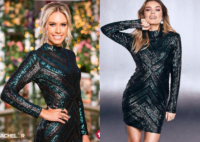 Charley wears a 'high neck sequin dress,' $40 by [Boohoo](https://us.boohoo.com/high-neck-sequin-bodycon-dress/DZZ03817.html|target="_blank"|rel="nofollow"), in episode four of *The Bachelor* Australia 2020.