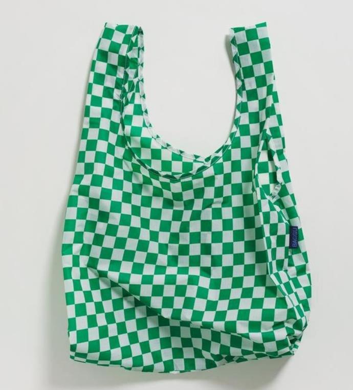 Reusable Shopper In Green Checkerboard, $17 by Baggu at [Homeroom Design](http://www.homeroomdesign.com.au/bags-wallets/baggu-shopper-black-and-white-stripe-l3hn4-8mrnp-4a477|target="_blank"|rel="nofollow").