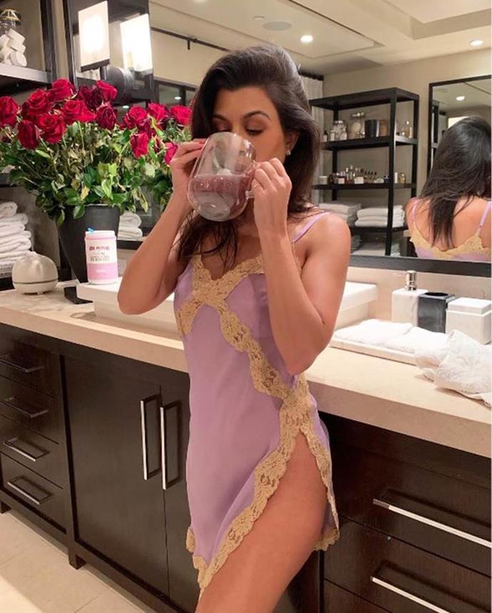 **DIET: Collagen Powder**<br><br>

Kourtney credits [collagen powder](https://www.elle.com.au/health-fitness/collagen-supplements-7243|target="_blank") as one of the key elements of her wellness regimen, and even launched a *Poosh*-branded collagen powder in May 2019. The powder also features some of Kourtney's other favourite beauty-food ingredients, including hyaluronic acid, amla fruit and ashwagandha, otherwise known as Indian ginseng.<br><br>

*Image: [@kourtneykardash](https://www.instagram.com/p/Bl30P3AhwB0/?taken-by=kourtneykardash|target="_blank")*