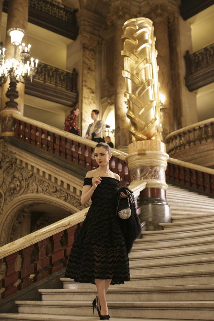 **1. Emily's 'Black Dress At The Ballet' Moment**<br><br>

She's giving us Audrey Hepburn in *Funny Face*. [She's giving us Blair Waldorf](https://www.elle.com.au/fashion/emily-in-paris-blair-waldorf-style-24214|target="_blank"). She's giving us Blair Waldorf giving us Audrey Hepburn in *Funny Face*. She's giving us the Emily we love to see. Basically, we're very here for this Christian Siriano dress situation and that snobby semiotics professor can suck it.<br><br>

*Le mood:* Like wearing poetry.