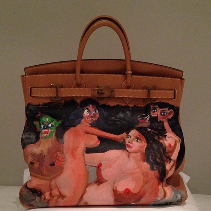 **Kim Kardashian-West**
<br><br>
KKW's Birkin collection extends all the way to some extremely memorable custom pieces. In 2013, her then-fiancé Kanye West gifted her a Birkin 40 handbag with custom artwork by contemporary artist George Condo, who also painted the cover of West's 2010 album, *My Beautiful Dark Twisted Fantasy*.