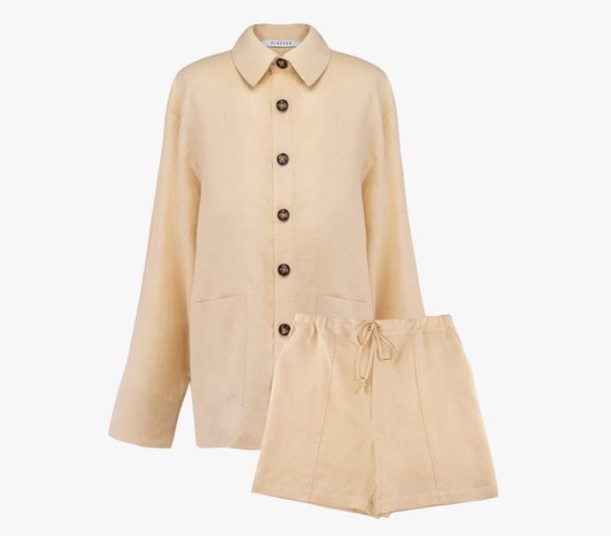 Cream Linen Pyjama Set, $305 AUD Approx. at [Sleeper](https://the-sleeper.com/en/product/cream-linen-unisex-pajama-set-with-shorts/|target="_blank"|rel="nofollow").