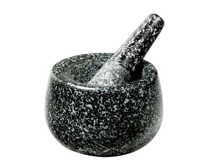 Black Granite Mortar and Pestle by MasterPro, $49.95 at [Temple & Webster](https://www.templeandwebster.com.au/Black-Granite-Mortar-and-Pestle-MPMandP-MAPR1073.html|target="_blank"|rel="nofollow").