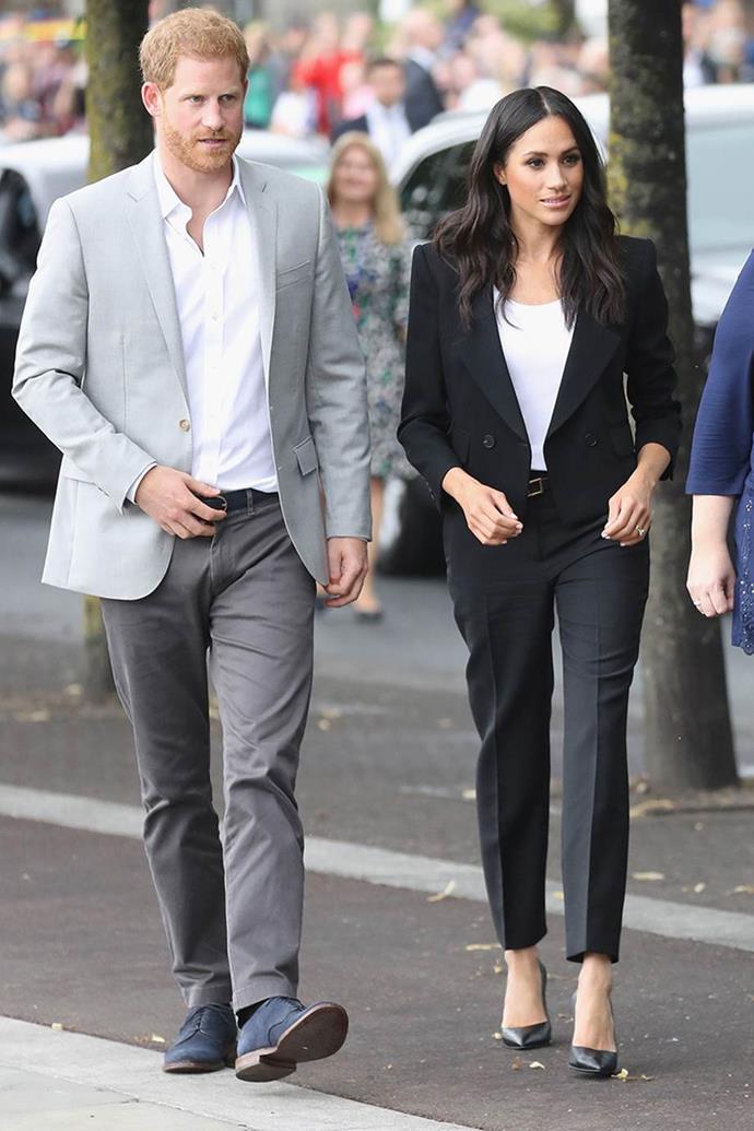 ***Suits should be worn sparingly***
<br><br>
While this rule has relaxed in recent years—as can be seen by Kate Middleton's [penchant for suits](https://www.elle.com.au/culture/meghan-markle-royal-family-suits-18032|target="_blank")—royal women are often encouraged to wear skirts and dresses over a blazer and trousers.
<br><br>
The Duchess of Sussex's [Givenchy suit](https://www.elle.com.au/fashion/meghan-markle-most-expensive-outfits-18331|target="_blank"), while chic, is a departure from royal outfit expectations (whether official or unspoken).