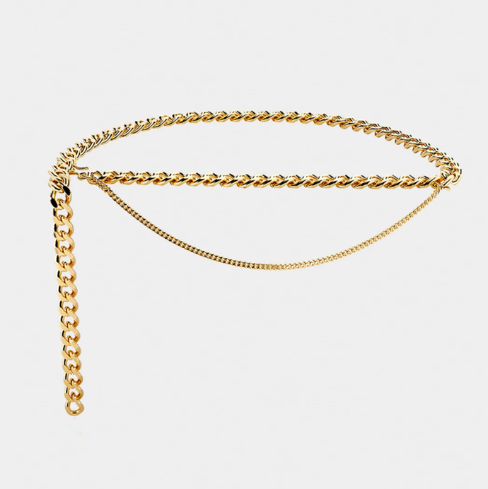 **The Chunky Body Chain**<br><br>

'Gabriella' Thick Curb Chain Belt made from 24k gold-plated brass, $370 at [Aureum](https://fave.co/3mRf4iP|target="_blank"|rel="nofollow")