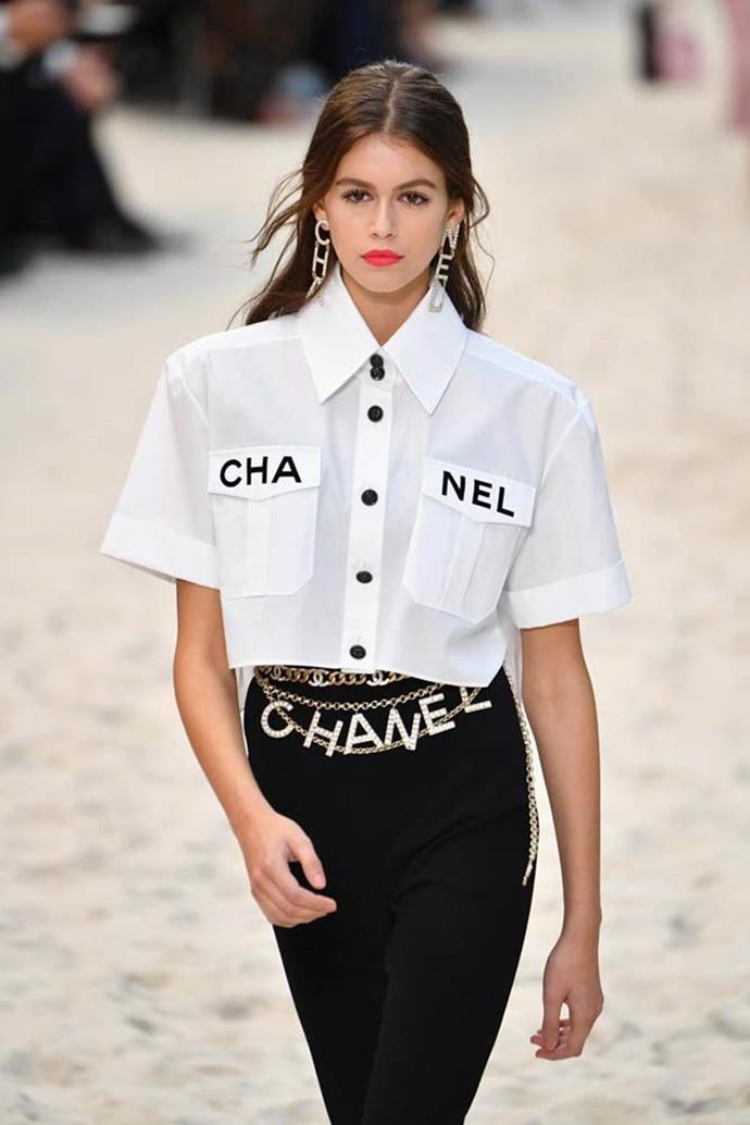 **Kaia Gerber** <br><br>
The daughter of supermodel Cindy Crawford, 18-year-old supermodel-in-the-making Kaia Gerber regularly appeared on Lagerfeld's runways from the age of 16.
