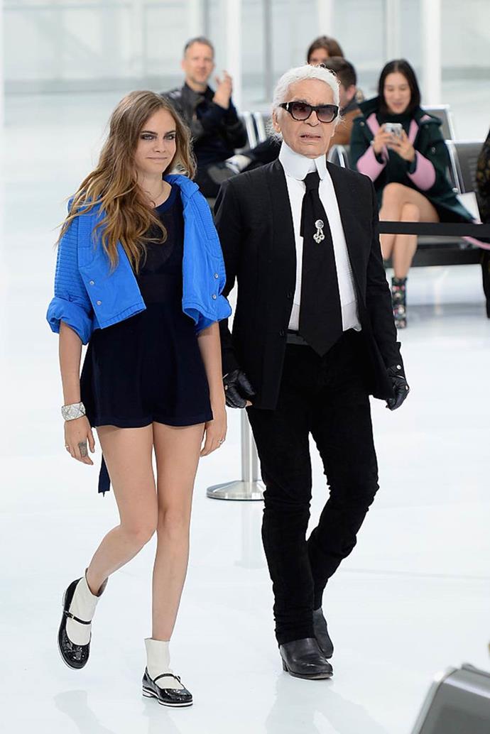 **Cara Delevingne** <br><br>
The millennial supermodel was a regular fixture on Lagerfeld's runways, and even gave a speech at his memorial service, Karl For Ever, in June 2019.