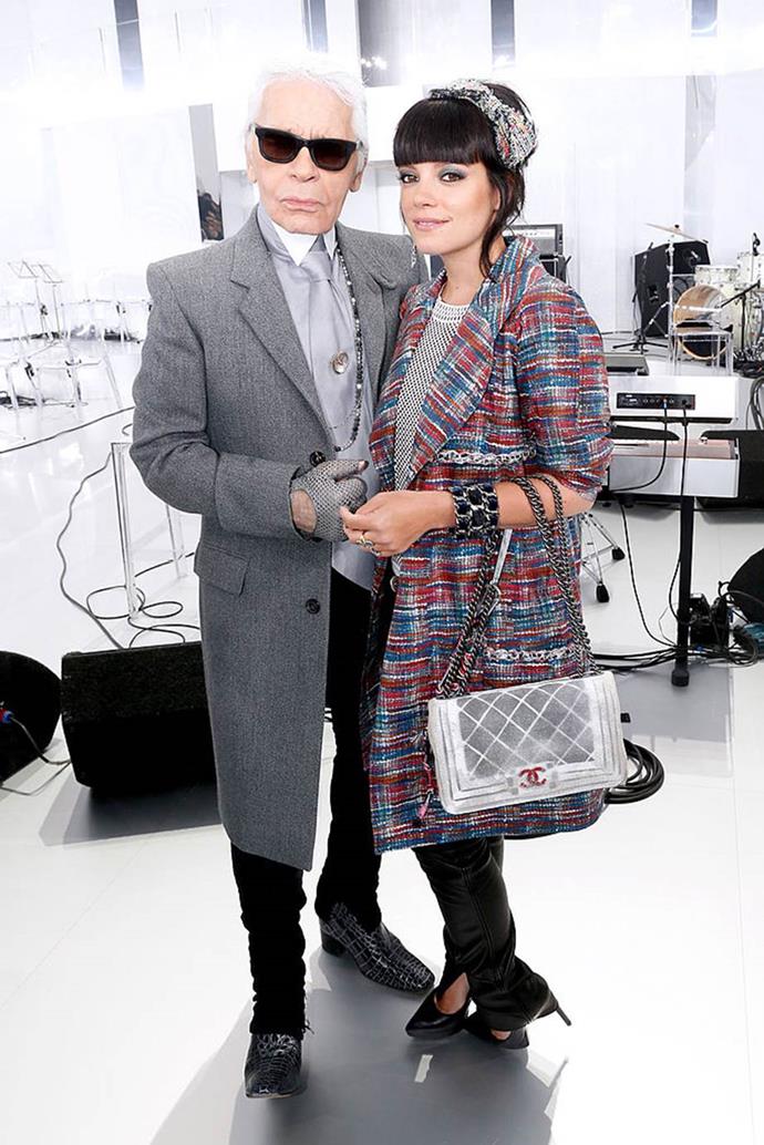 **Lily Allen** <br><br>
Lagerfeld invited British singer Lily Allen to be a Chanel muse in 2009. Around that time, he [said](https://www.vogue.co.uk/gallery/lagerfeld-talks-lily|target="_blank"|rel="nofollow") of Allen: "She looks a lot like Gabrielle Chanel and she is a self-made woman. She is cool, young and extremely witty."