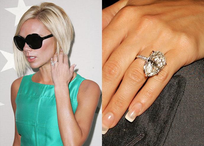 **2005: The pear-cut diamond on a platinum pave band**<br><br> 

The next year, in 2005, Victoria was given this huge pear-cut diamond—perhaps her biggest ring of all 13, coming in at a whopping 17 carats—to replace the pink diamond. It is set on a diamond pave band and is one of the rings she still regularly wears.