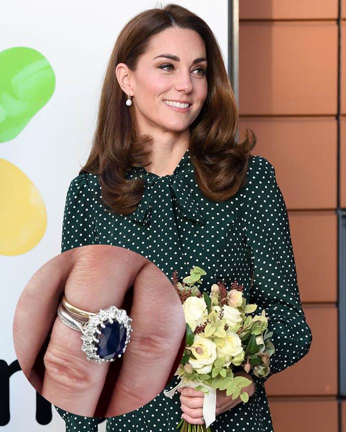 **Catherine, Duchess of Cambridge**<br><br>

One of the, if not *the*, most famous coloured-stone engagement rings in history, Kate Middleton received her mother-in-law, Princess Diana's, 12-carat Gerrard sapphire engagement ring from Prince William.